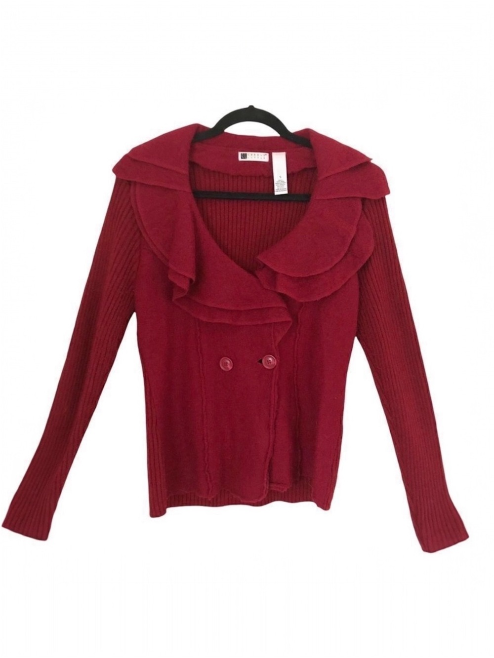 Carole Little Red Long Sleeve Wool/Acrylic‎ Two Tiered Bib Collar Button Sweater